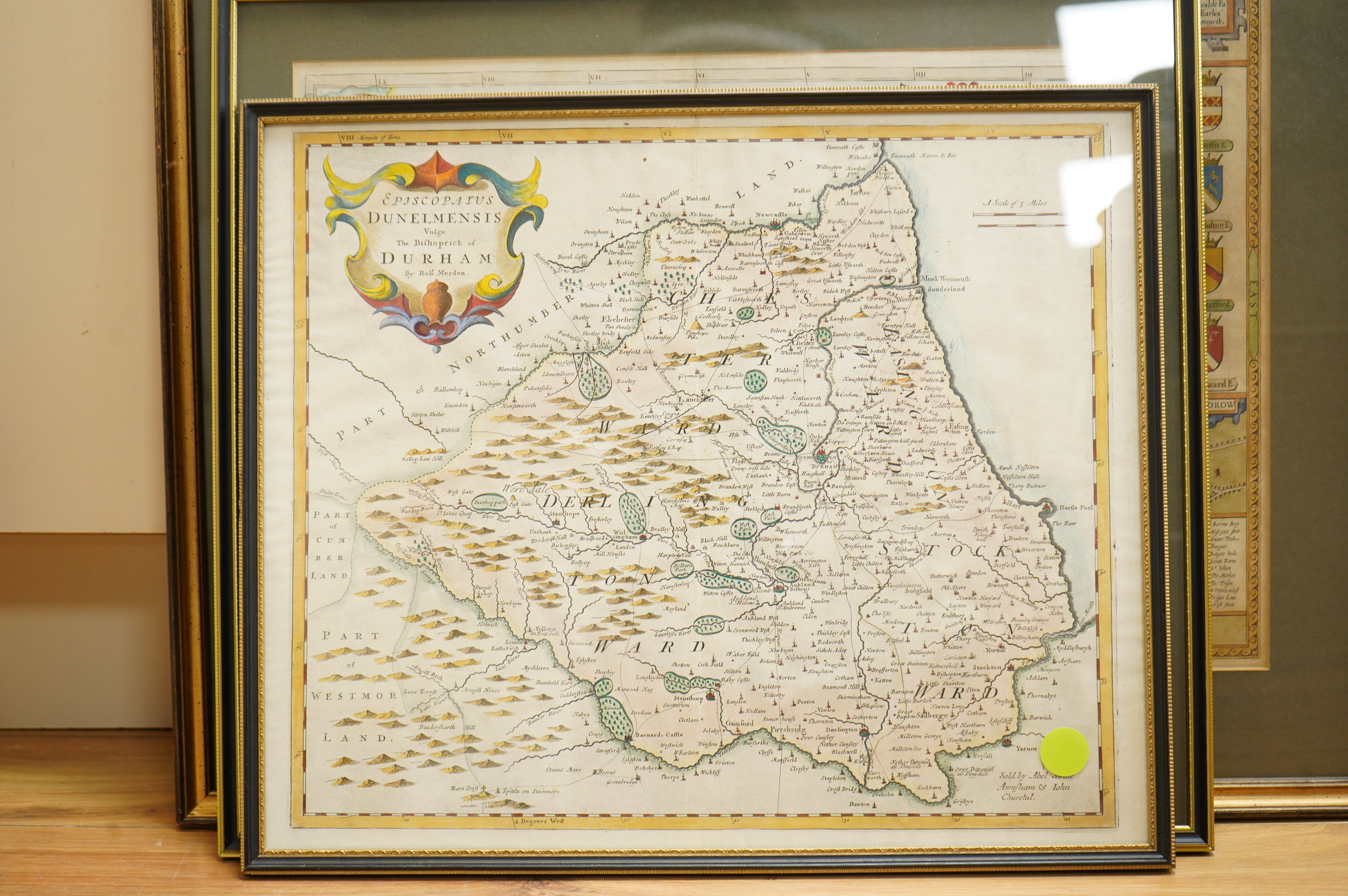 Robert Modern (1650-1703), Durham and The West Riding of Yorkshire’ two hand coloured engraved maps, sold by Abel Swale Awnsham and John Churchill, largest 38 x 43cm together with John Speed (1552-1629), Northamptonshire